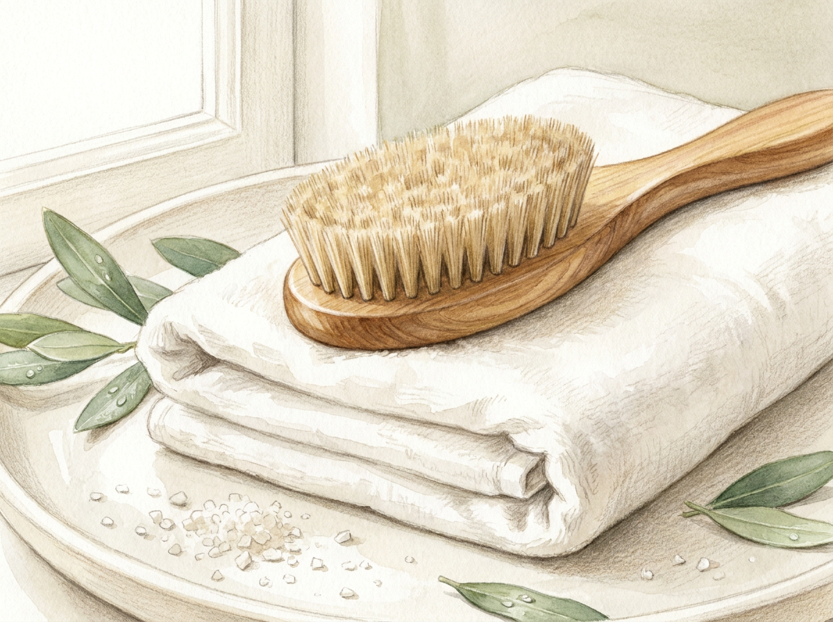 An elegant, natural-bristle dry brush with a long wooden handle, resting on a neatly folded, soft white towel.