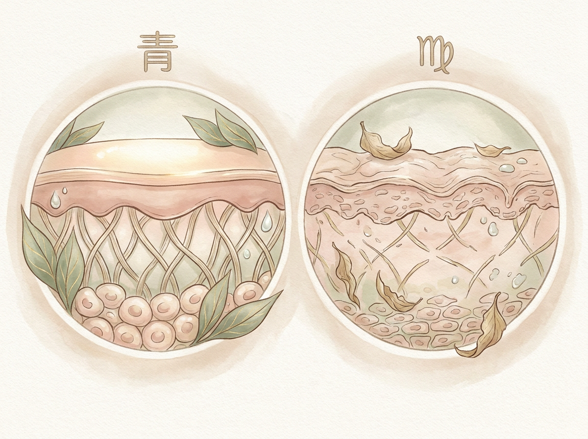 An anatomical illustration showing the difference between youthful, thick skin with organized collagen and mature, crepey skin with a thin dermis and fragmented collagen.