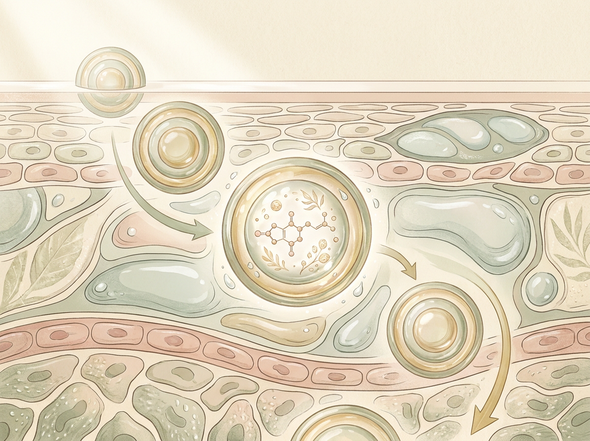 A simple graphic illustrating an Idebenone molecule encapsulated within a liposome, and showing the liposome traveling through the layers of the skin barrier.