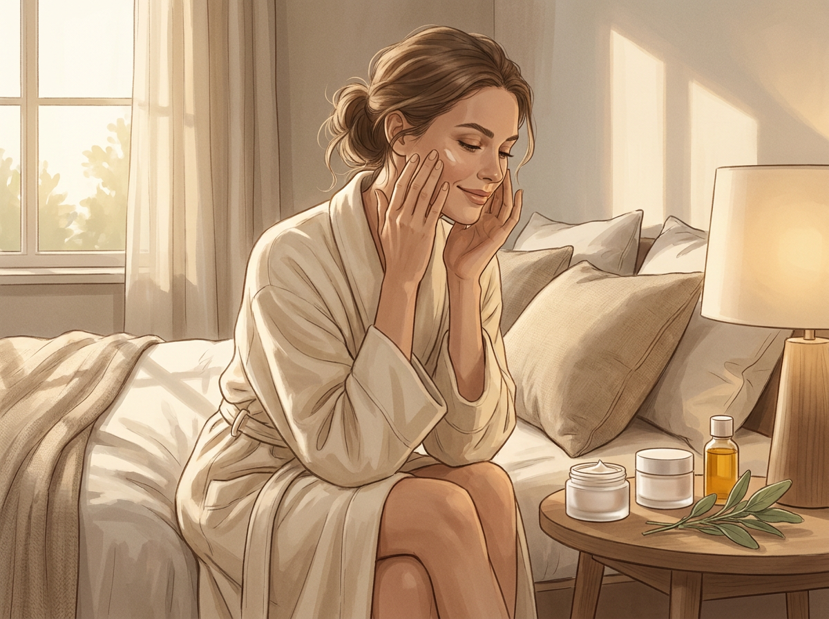 A serene and elegant woman over 50 smiling softly in a dimly lit, cozy bedroom, getting ready for her nightly skincare routine.