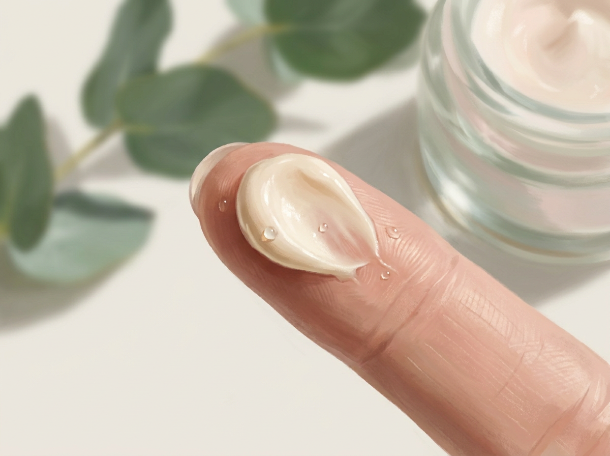 A close-up shot of a rich, creamy moisturizer on a fingertip, showing its luxurious texture, with a soft, out-of-focus plant in the background.