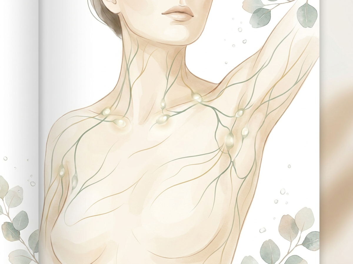A simple, elegant illustration showing the lymphatic system pathways in the upper body, highlighting the nodes in the neck and armpit area.