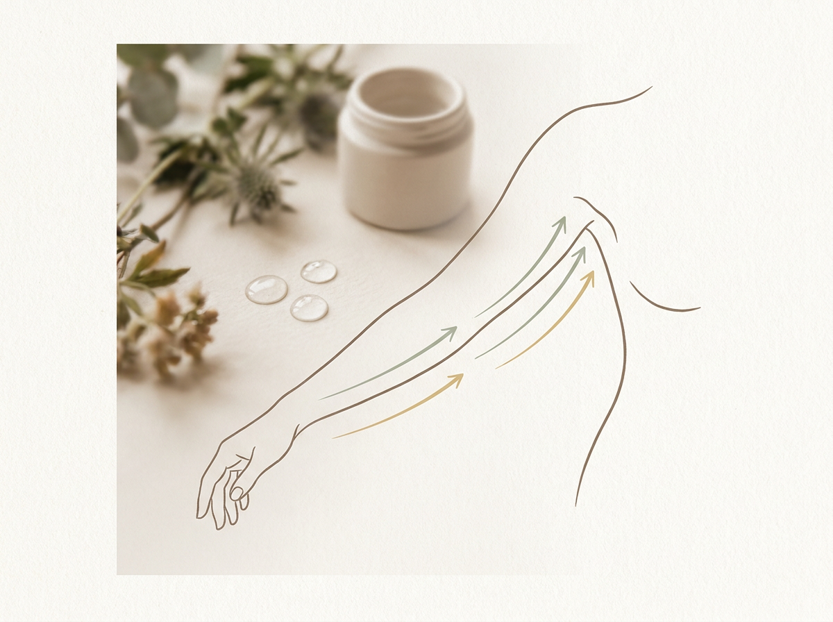 A minimalist line drawing showing the directional arrows for lymphatic massage on the arm, from wrist to armpit.