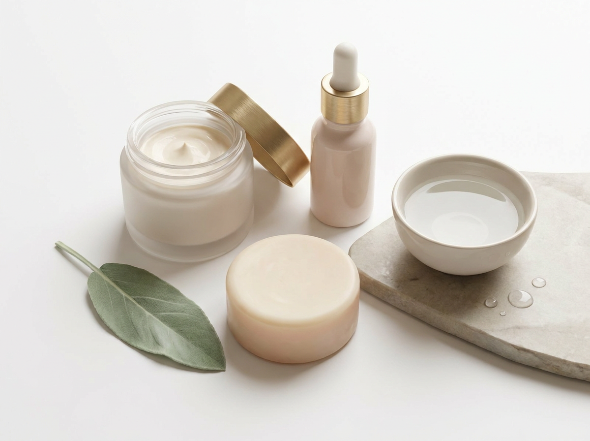 A beautiful flat lay of body care products on a clean, white background, surrounded by natural elements like a green leaf and a small bowl of water, suggesting hydration and cleanliness.