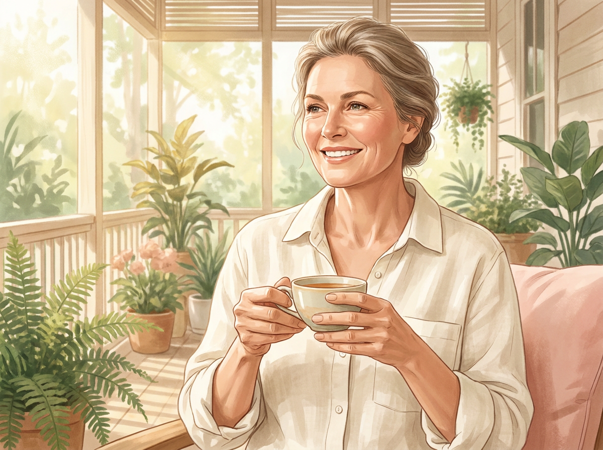A mature woman with radiant skin smiling, enjoying a sunny day on a porch with lush greenery in the background.