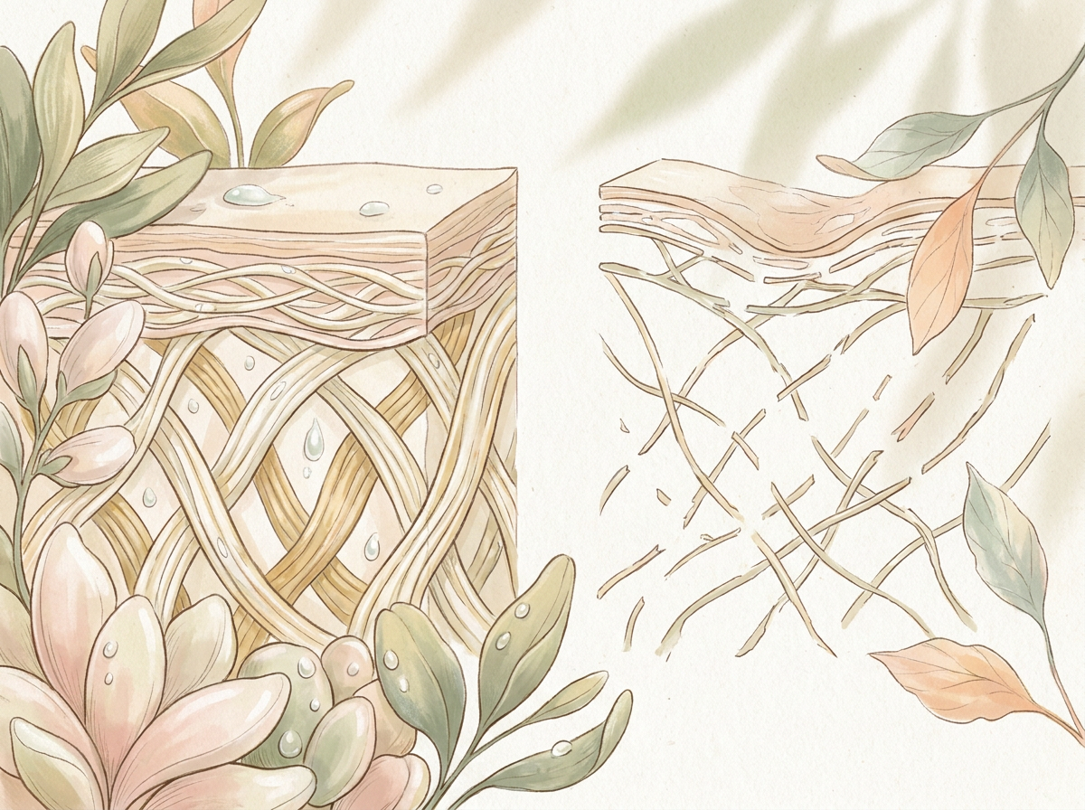 A diagram showing the structure of youthful skin with dense collagen and elastin fibers, next to a diagram of mature skin with broken, sparse fibers.