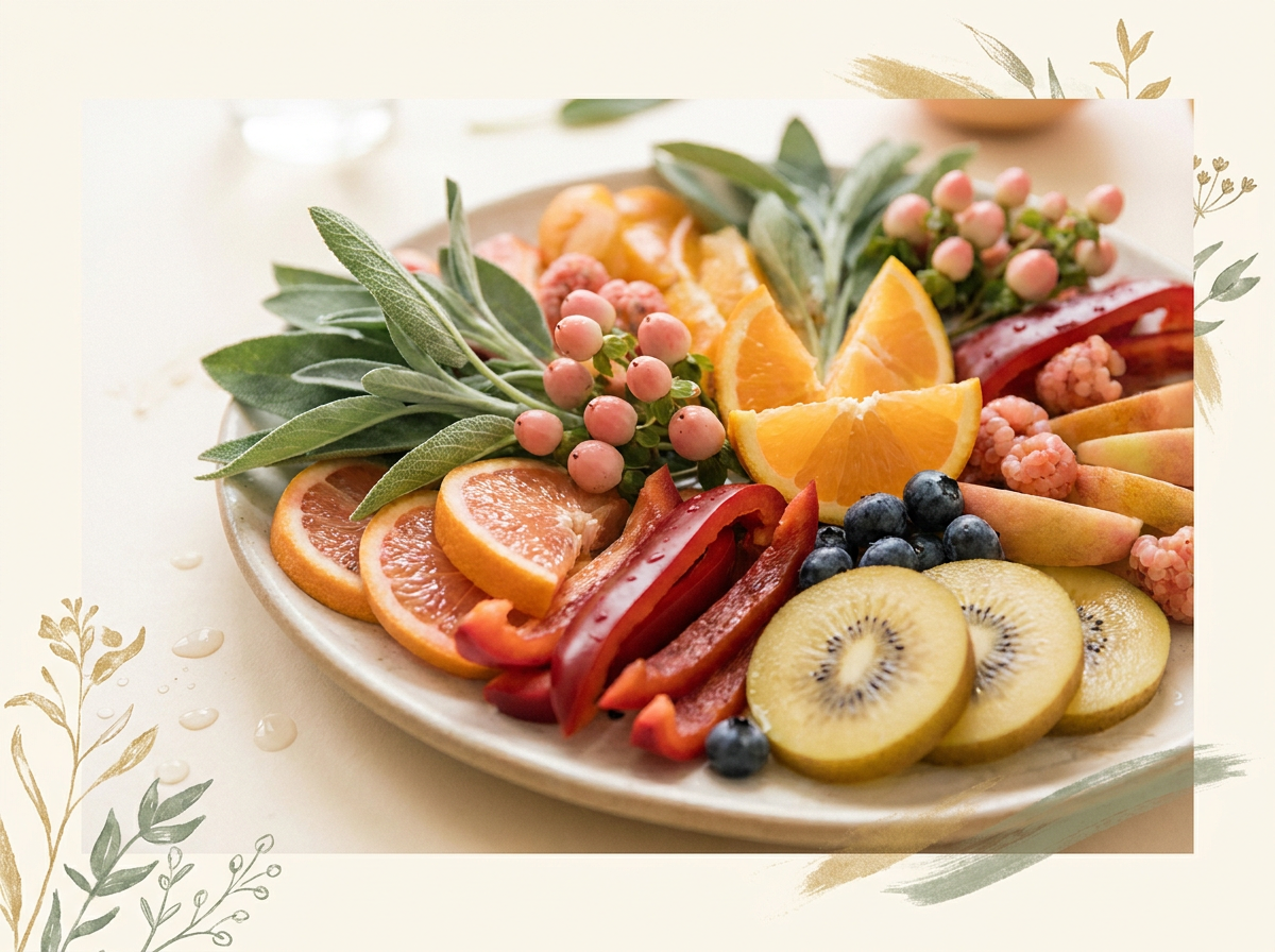 A vibrant, colorful platter of fruits and vegetables like berries, leafy greens, oranges, and bell peppers.
