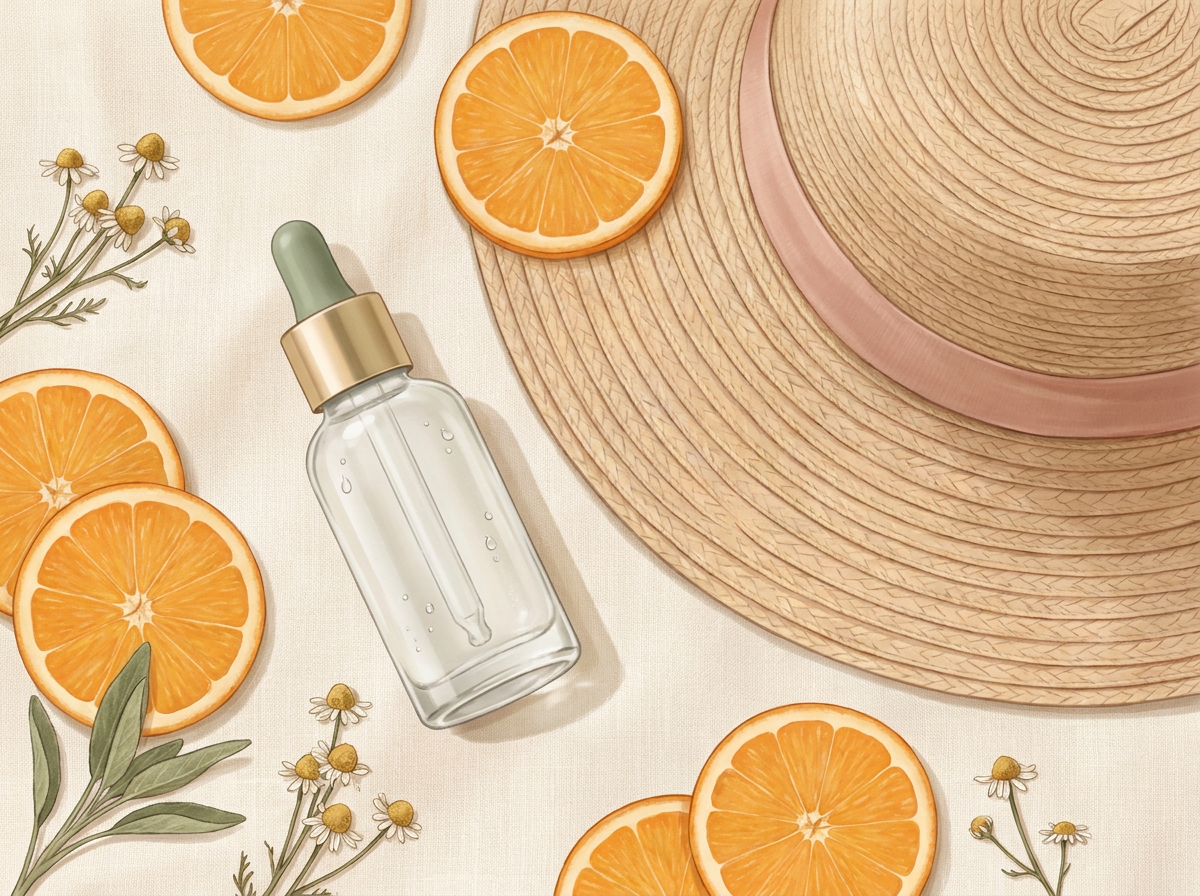 A sophisticated flat-lay of a serum bottle with Idebenone next to a sun hat and fresh orange slices on a linen background.