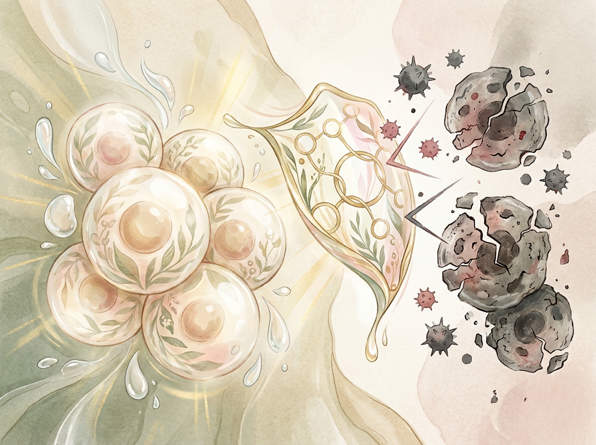 A microscopic view or stylized graphic showing healthy skin cells versus cells damaged by free radicals, with an Idebenone molecule acting as a shield.