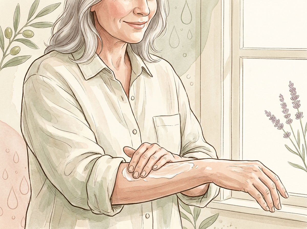 Woman over 50 applying lotion to her arm in natural daylight, looking confident and relaxed