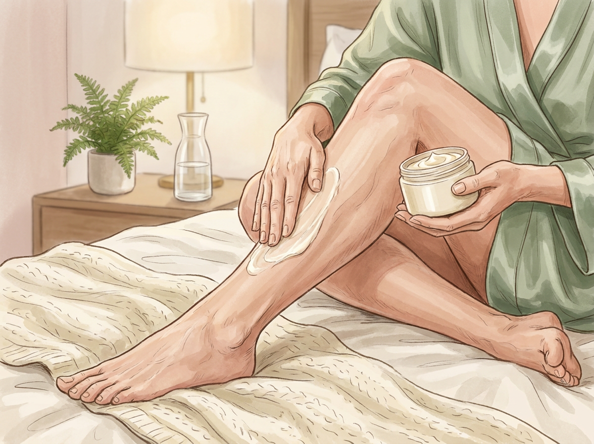 Close-up of a woman over 50 massaging a rich cream into her crepey legs while sitting on the bed at night