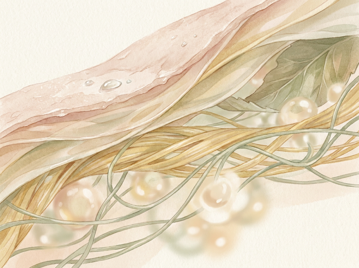 Close-up of mature skin layers with labels showing epidermis, dermis, collagen, and elastin