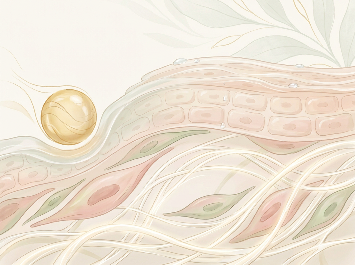 Stylized diagram showing retinol signaling, fibroblasts, collagen fibers, and epidermal thickening