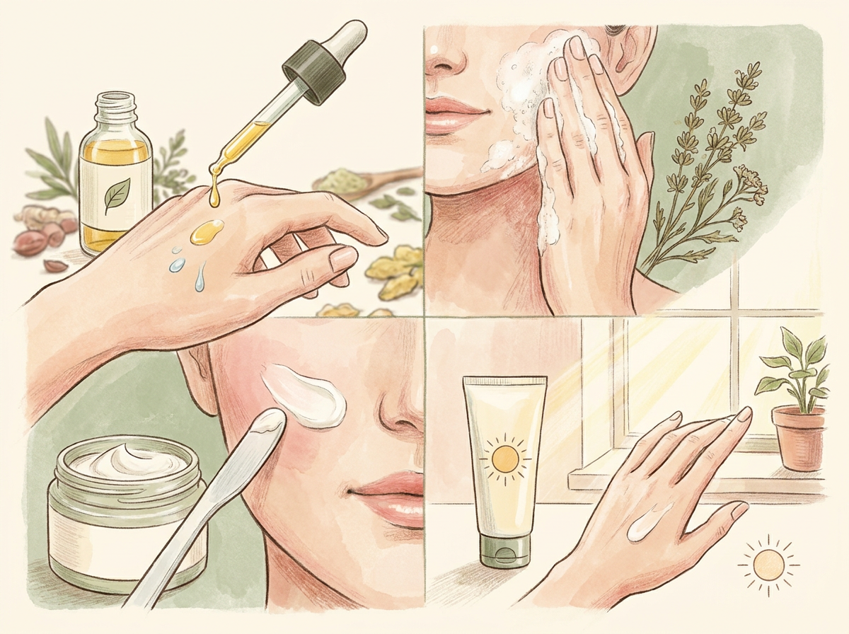 Evening skincare routine with cleanser, retinol serum, moisturizer, and SPF for morning