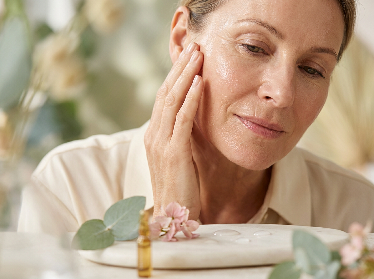 close-up of radiant, mature woman touching her cheek, highlighting hydrated skin texture