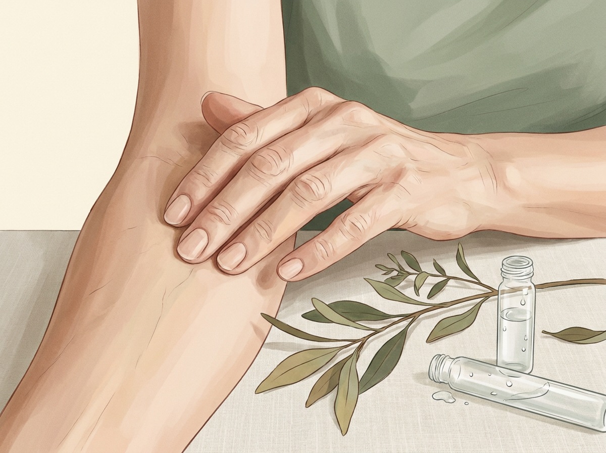 close-up of mature woman gently touching forearm skin, showing fine lines and thin texture