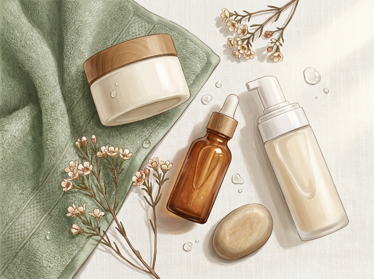 flat lay of body lotion, hydrating serum, and gentle cleanser arranged with a towel
