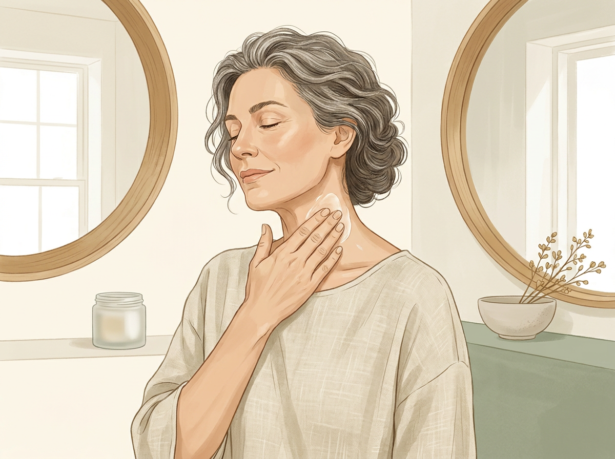A woman over 50 gently massaging her neck and jawline in front of a bathroom mirror