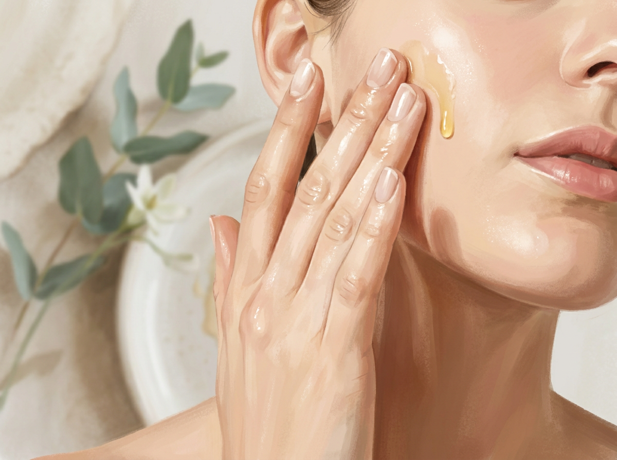 Close-up of clean hands applying a small amount of facial oil to the cheeks and neck