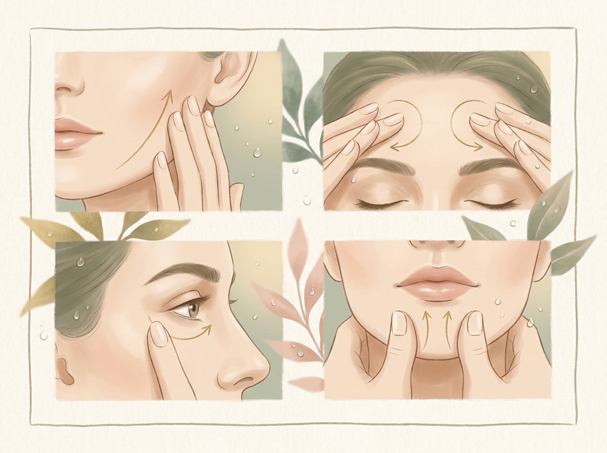 Simple step-by-step illustration showing the direction of facial massage strokes