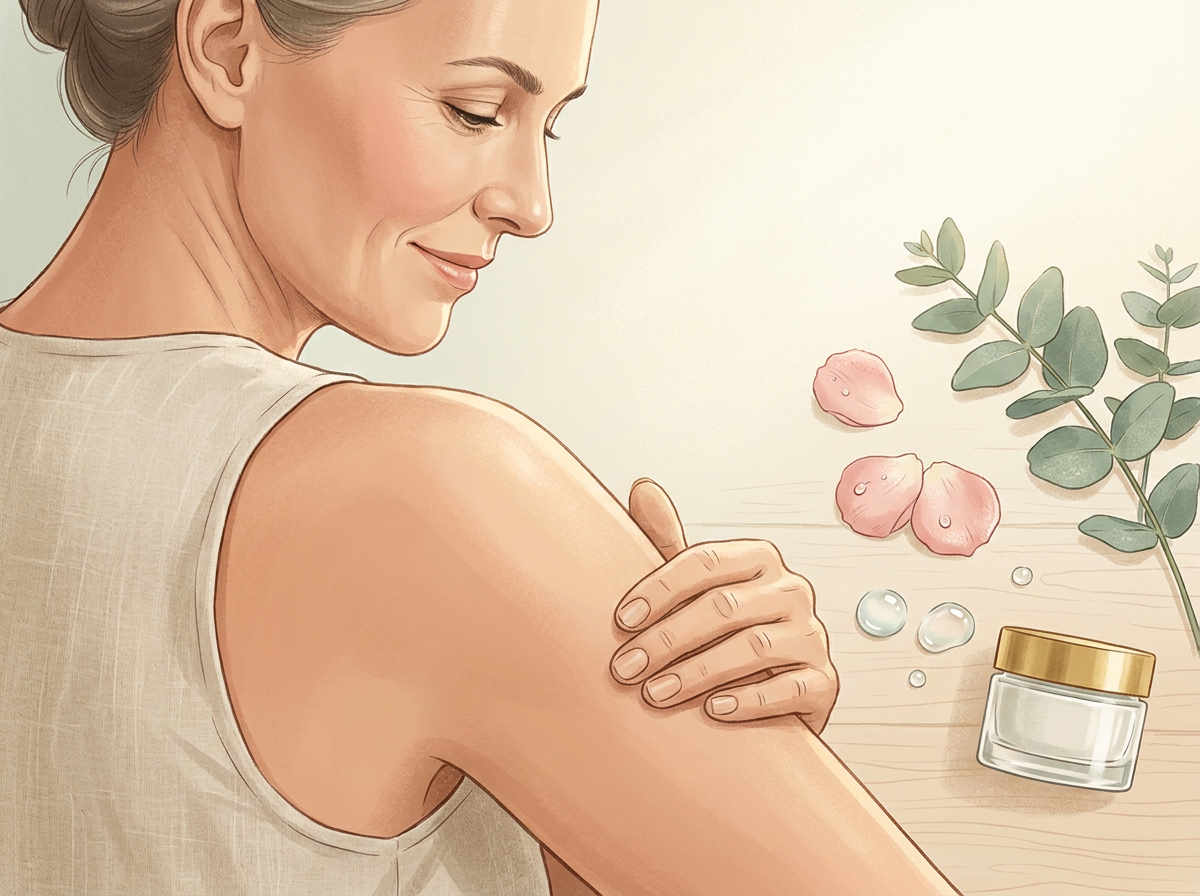 close-up of mature woman gently touching her upper arm skin, looking thoughtful but confident