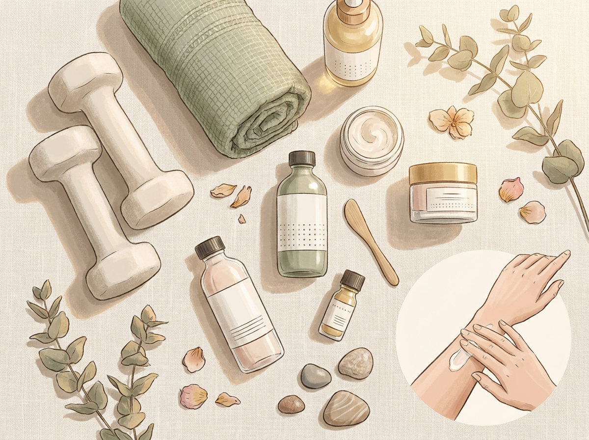 flat-lay of body firming skincare products, towel, and hand weights on a soft neutral background