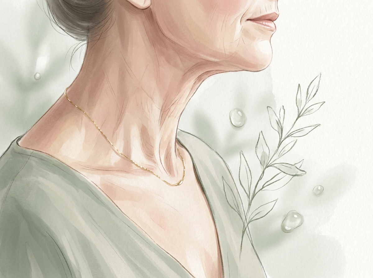 Close-up of mature woman’s neck and chest showing crepey texture, in soft natural light