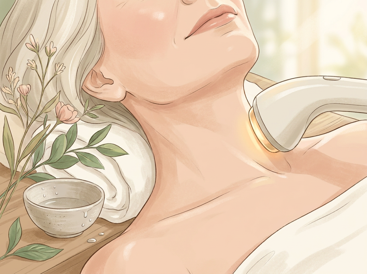 Treatment room with RF device focused on a mature woman’s neck and chest