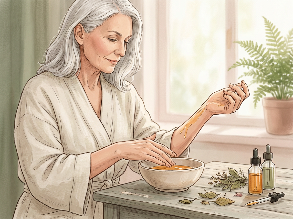 Woman over 50 applying body serum to her arms in a softly lit bathroom