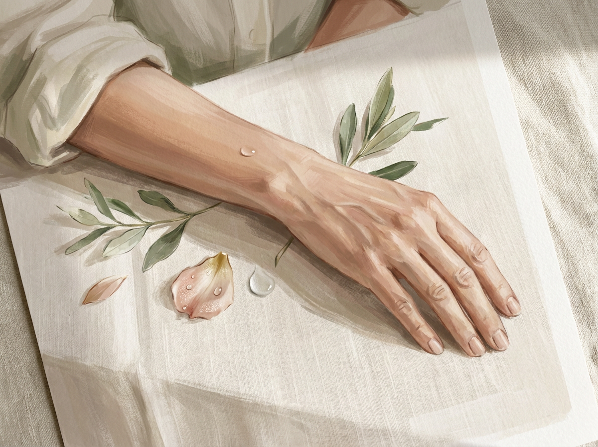 Close-up of mature woman’s forearm showing smoother texture after exfoliation and hydration