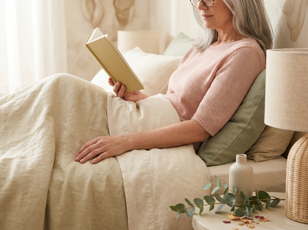 Over-50 woman relaxing in bed, reading, with soft focus on her smooth, moisturized arms