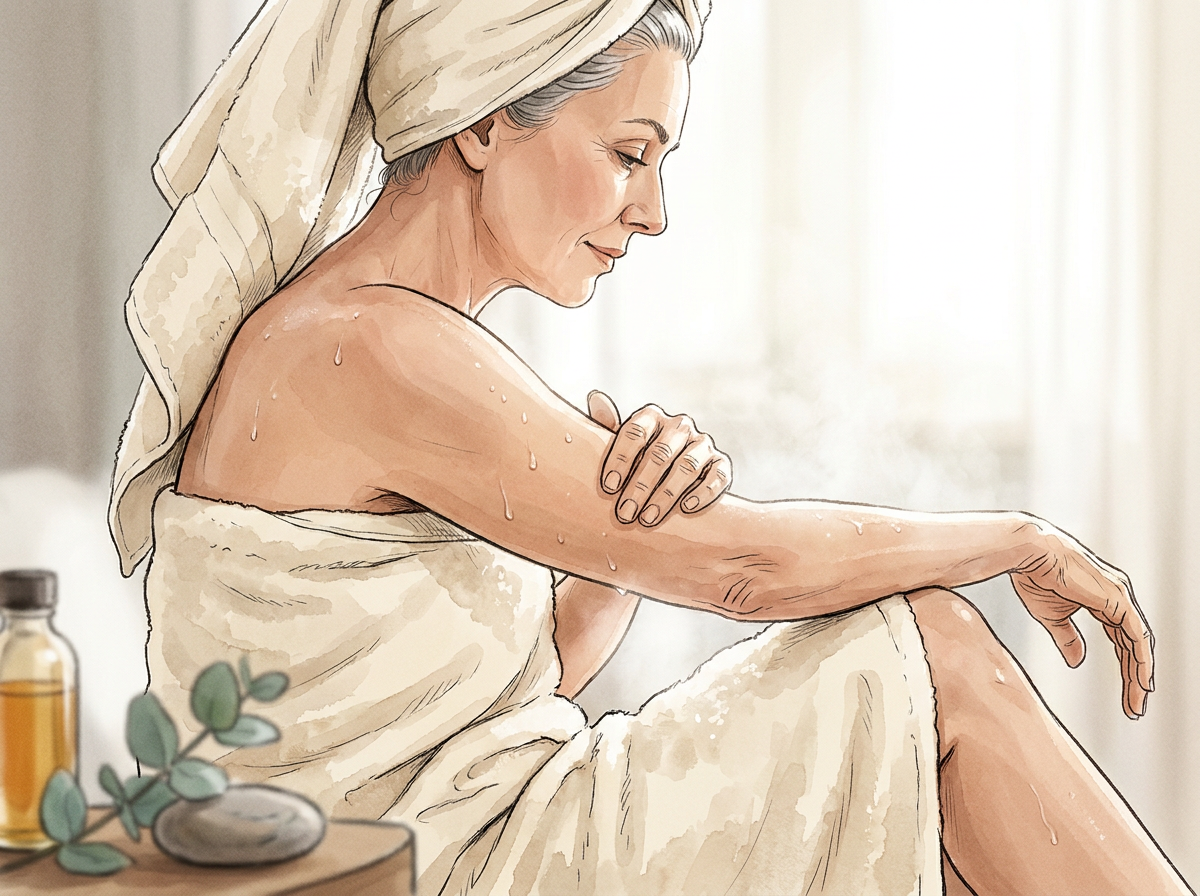 Woman over 50 stepping out of shower, gently toweling off, with soft lighting on her arms and legs