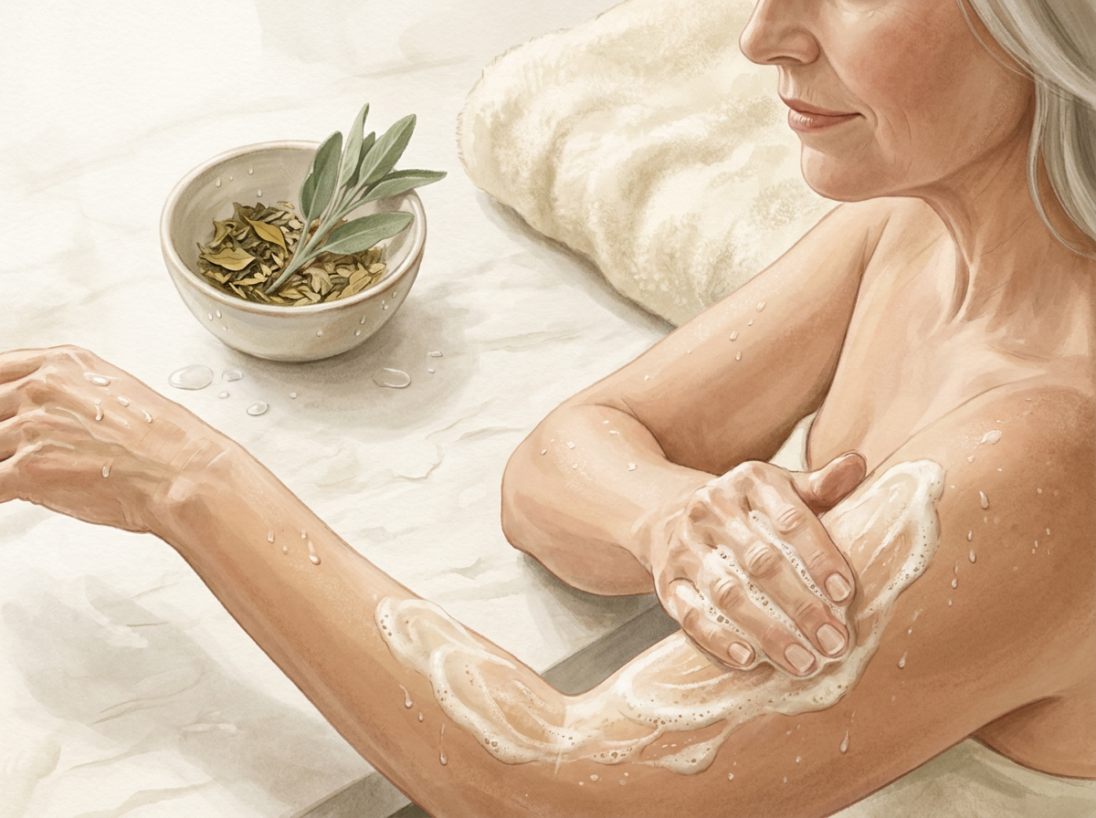 Close-up of mature woman’s arm with hydrating body wash being applied gently, showing rich, creamy texture