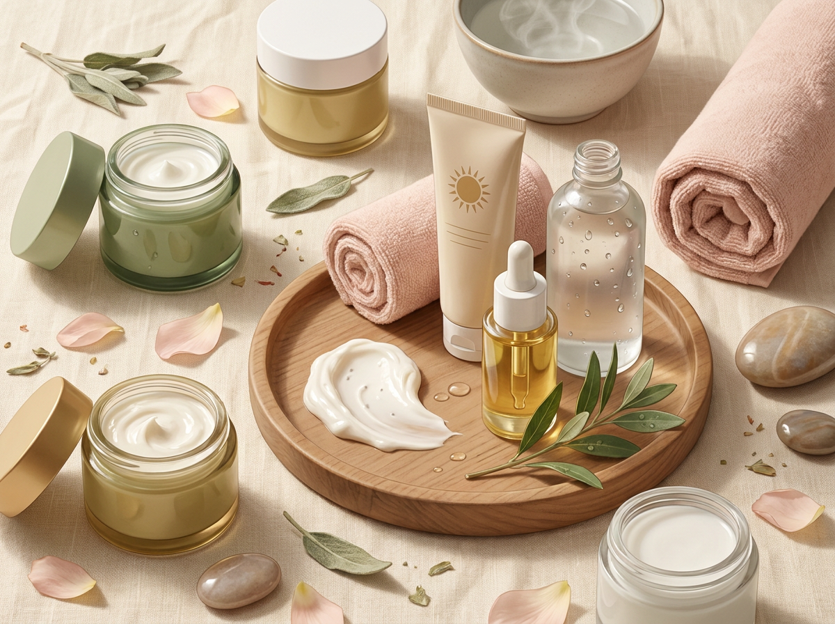 Flat lay of mature-friendly body care routine: lukewarm shower, gentle cleanser, body serum, rich moisturizer, and SPF
