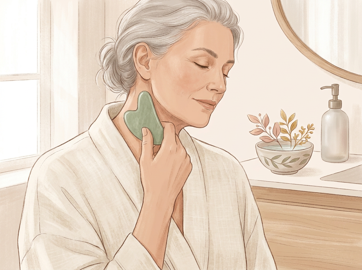 Woman over 50 gently using a gua sha stone on her neck in a calm bathroom setting