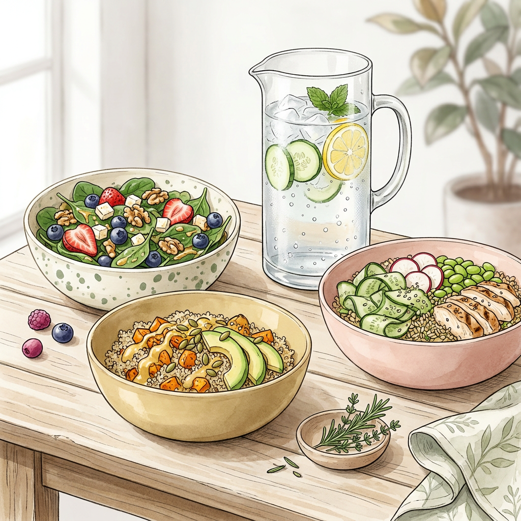 A vibrant summer table with three colorful skin-friendly lunch bowls and iced infused water