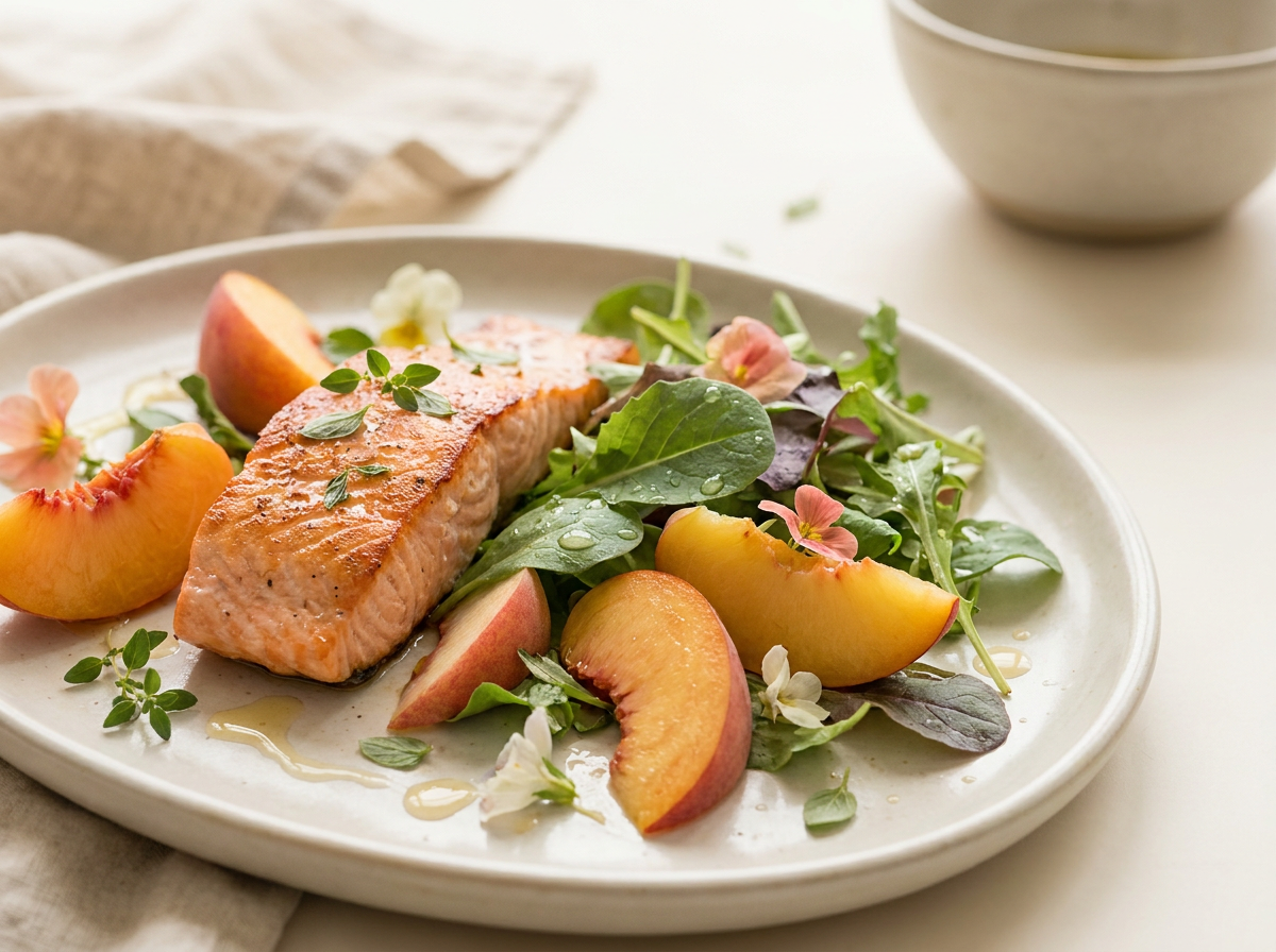 Close-up of a salmon and stone fruit salad, showing vibrant greens, orange peach slices, and pink salmon