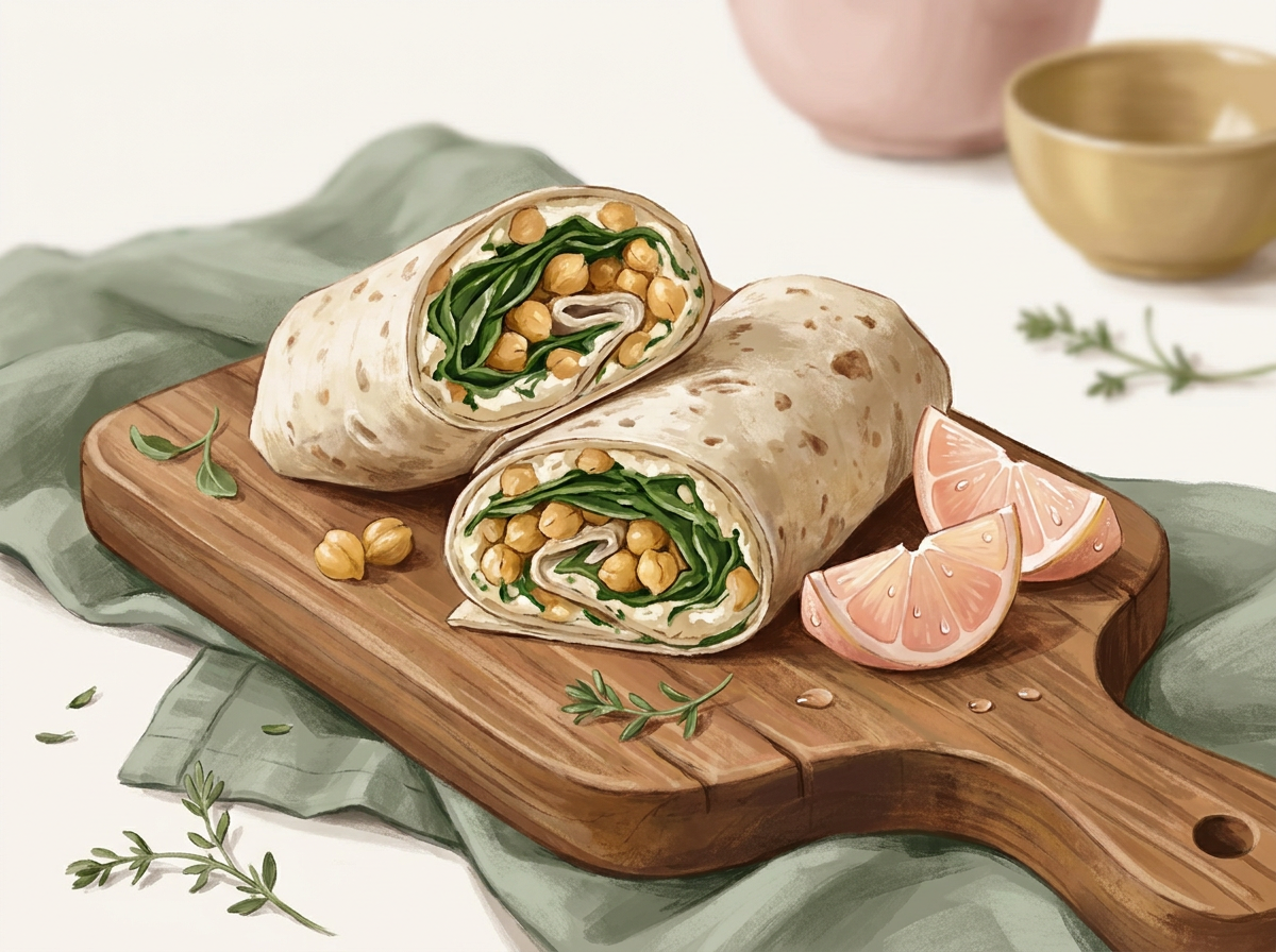 A sliced chickpea and spinach wrap on a wooden board, surrounded by fresh veggies and lemon wedges