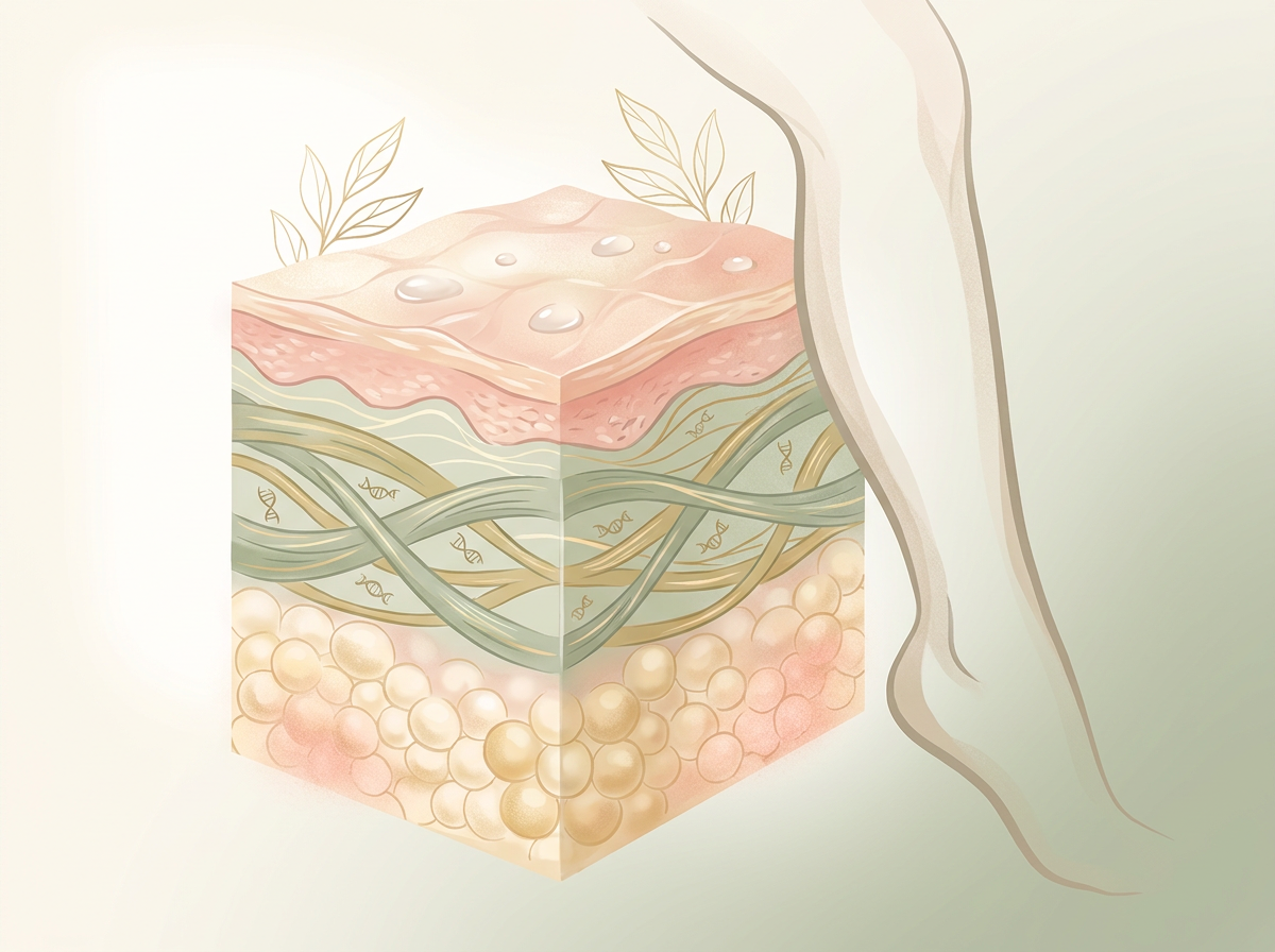 Simple layered illustration of epidermis, dermis, and subcutaneous support in aging leg skin