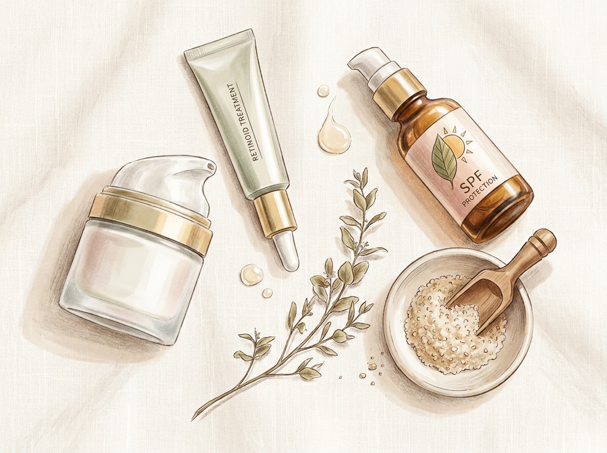 Flat-lay of a simple leg-care routine with moisturizer, body retinoid, SPF, and a gentle exfoliant