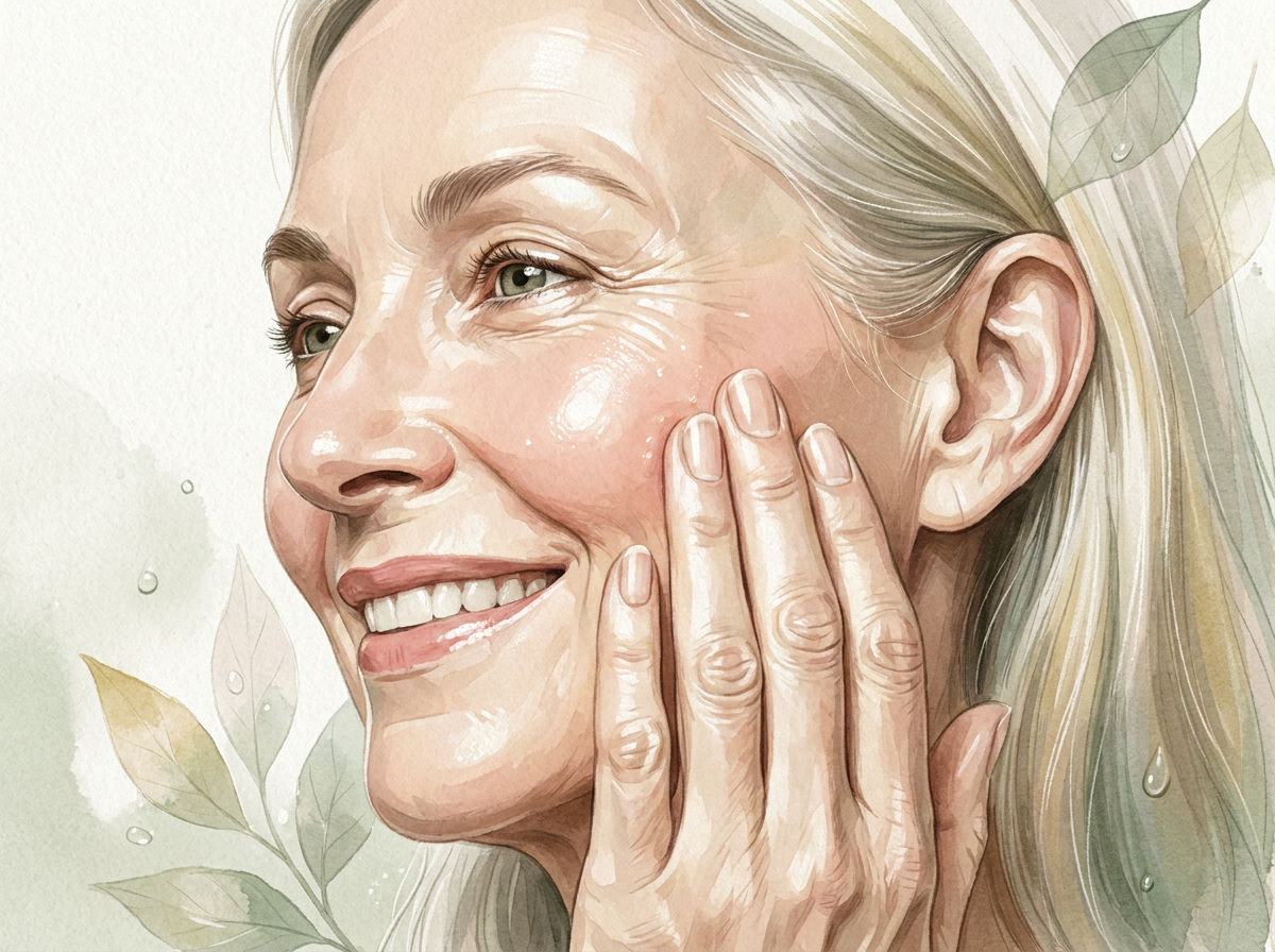 Close-up of a joyful woman in her 60s touching her cheek, dewy skin in natural light