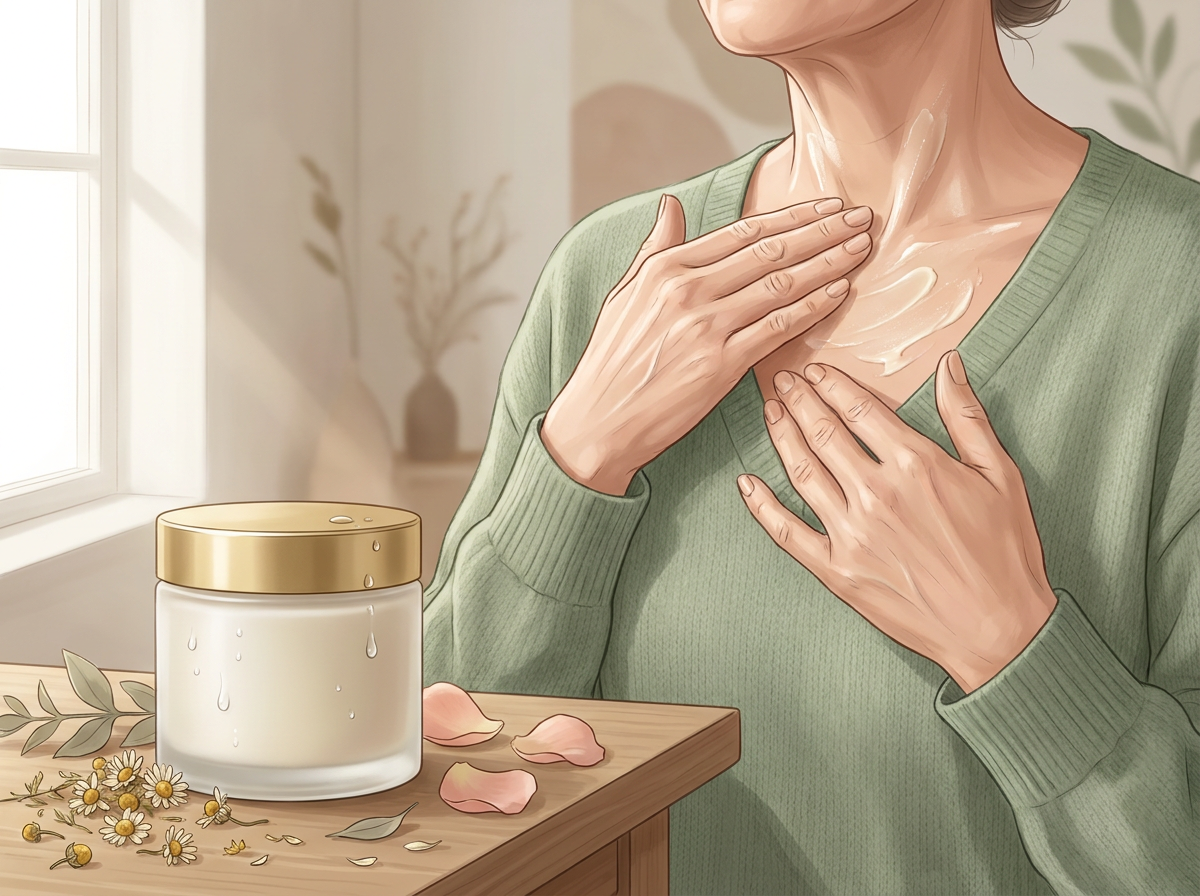 Close-up of a woman 50+ gently applying cream to her neck and chest in soft natural light