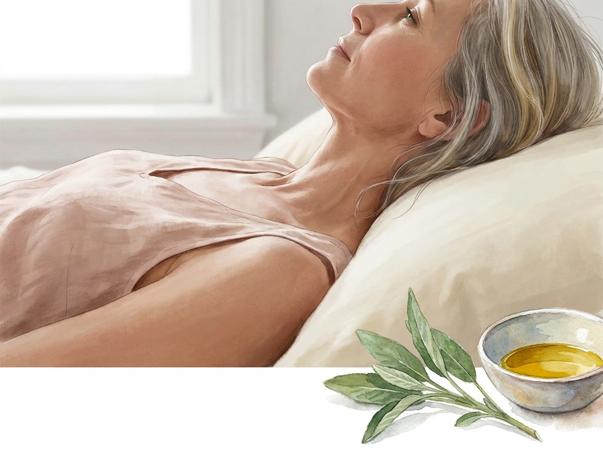 Woman in her 50s lying on her back in bed, with relaxed neck and chest, emphasizing posture and sleep position