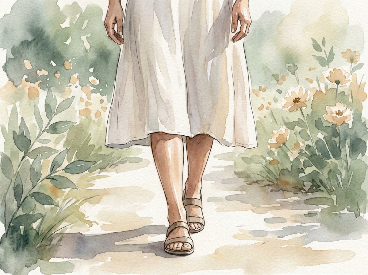 woman over 50 in a sundress walking confidently outdoors, focus on legs