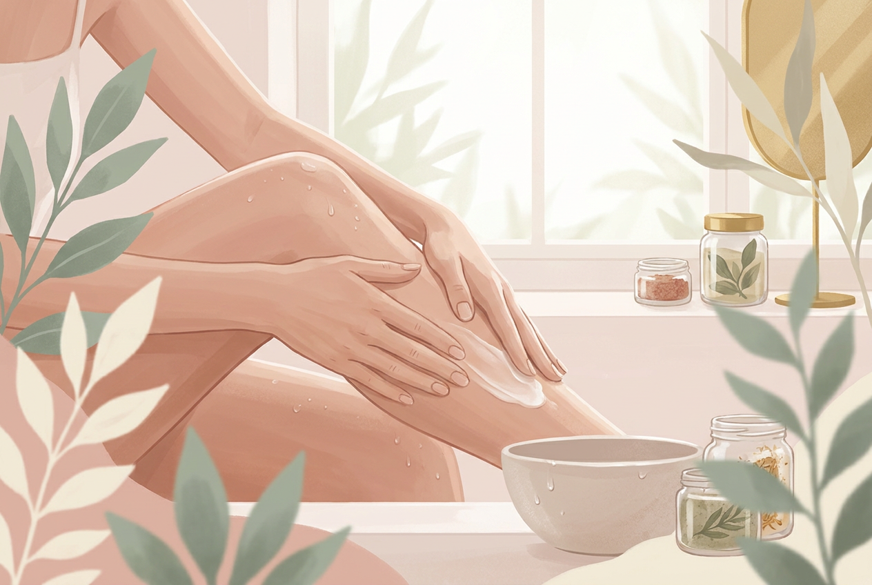 close-up of mature woman applying lotion to her legs in a bright bathroom