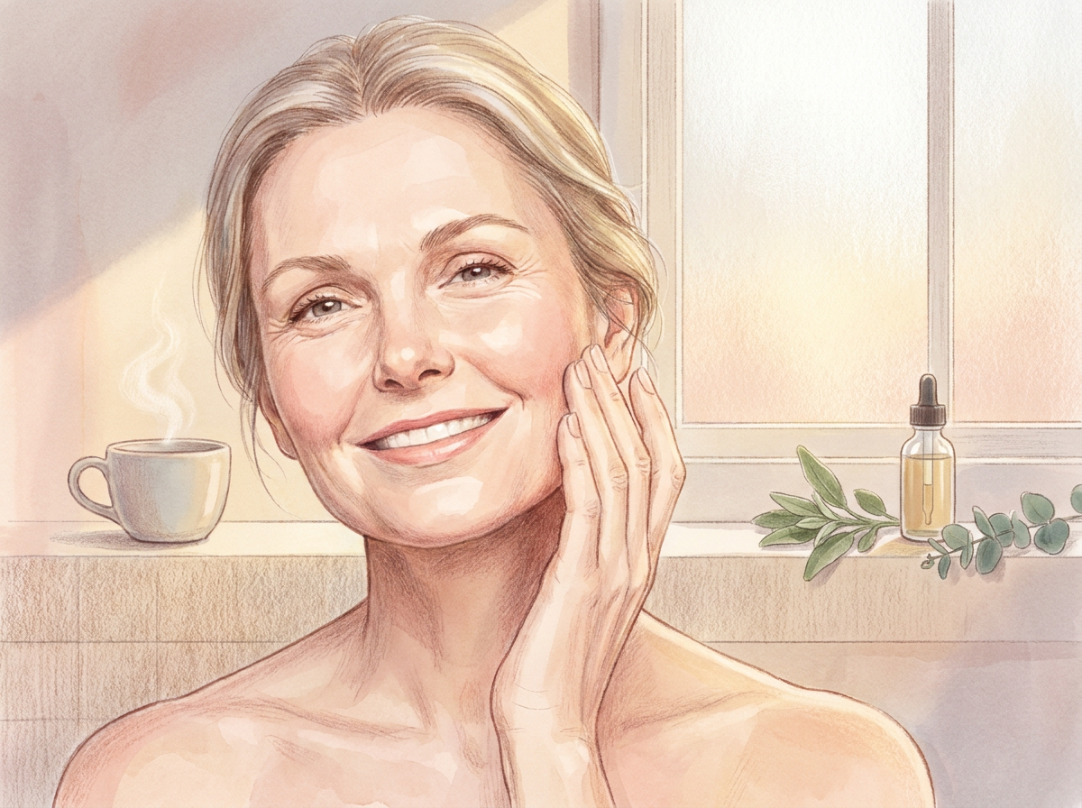 close-up of a joyful woman in her 50s touching glowing skin in evening bathroom light