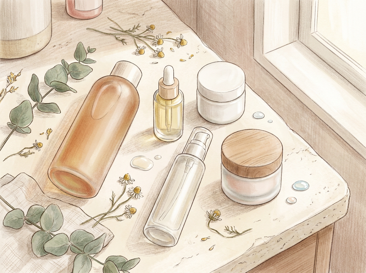 flat lay of evening skincare products labeled cleanser, vitamin C, niacinamide, retinol, moisturizer on a vanity