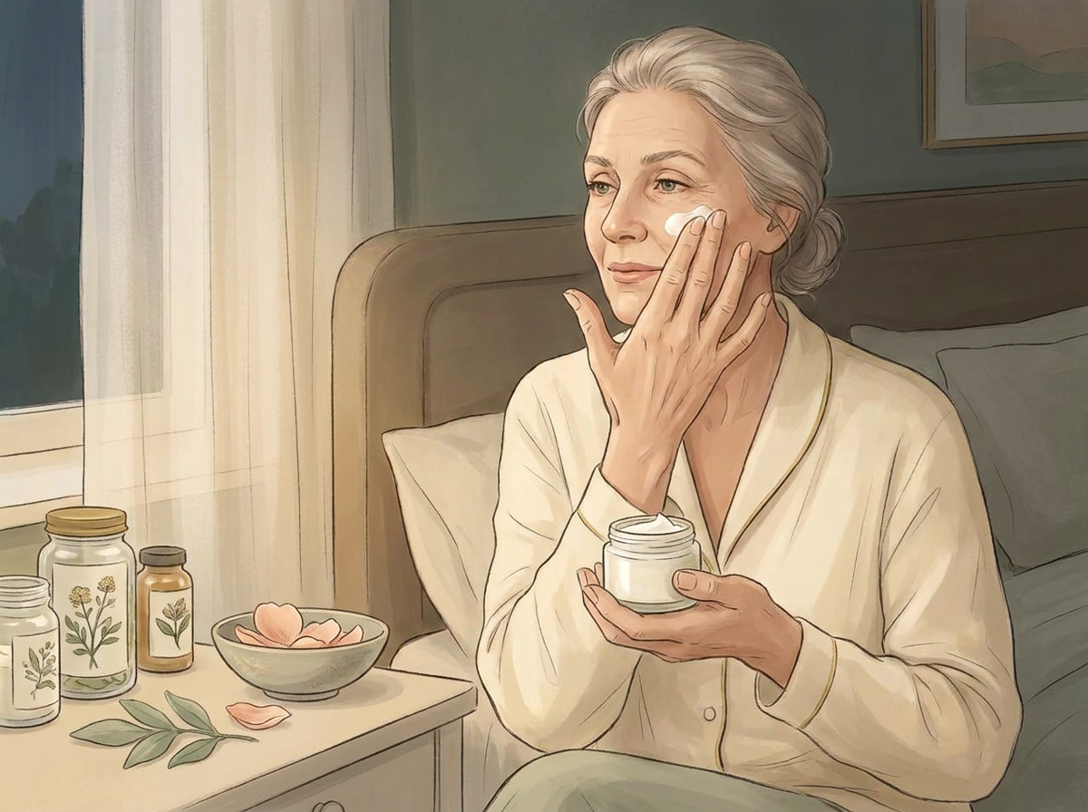 Woman over 50 applying night moisturizer before bed