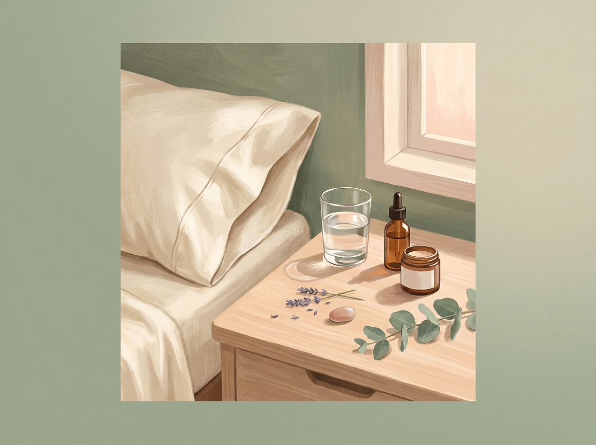 Nightstand with skincare, soft pillowcase, and water glass